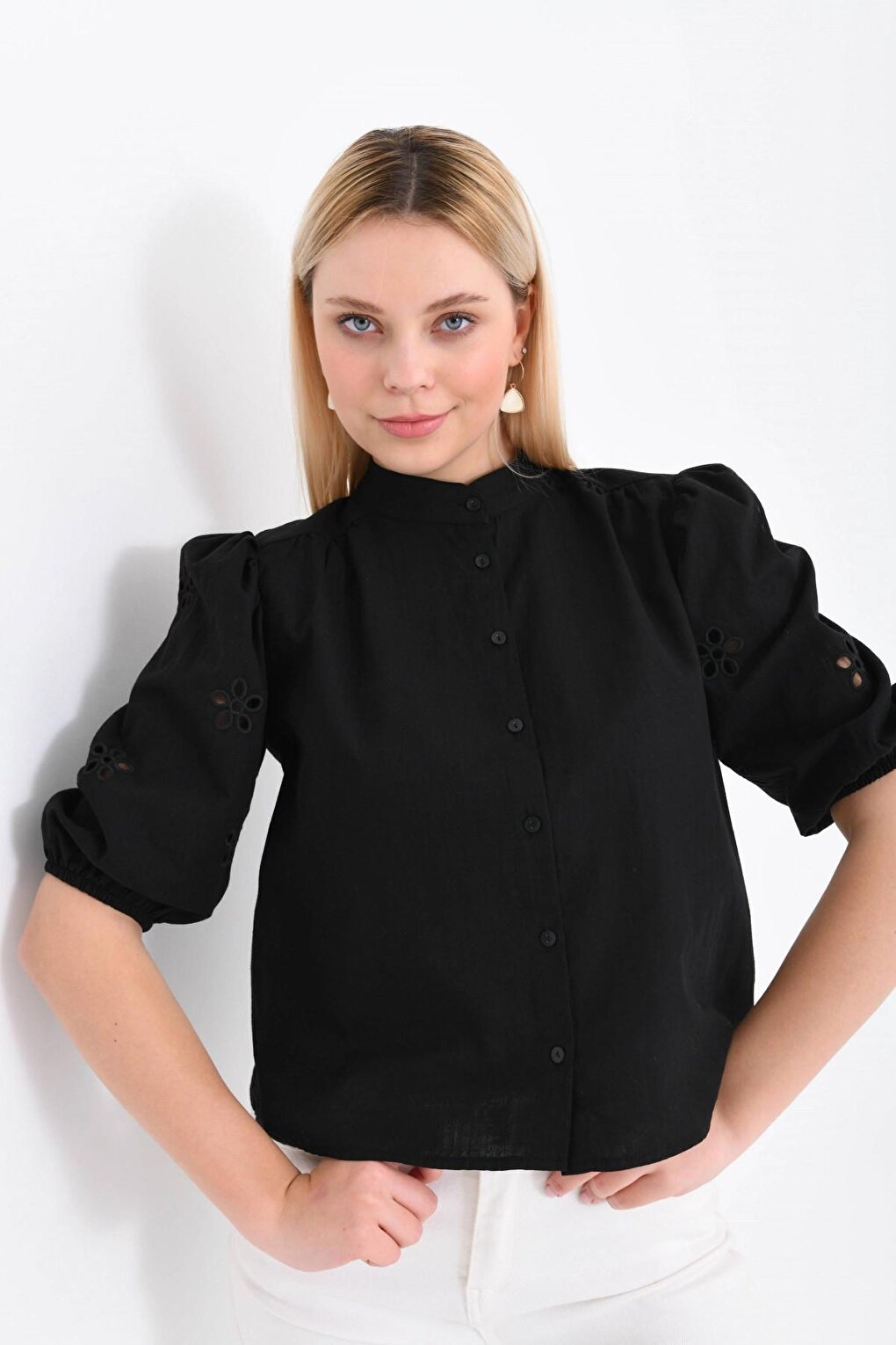 Black Shirt with Balloon Sleeve Detail