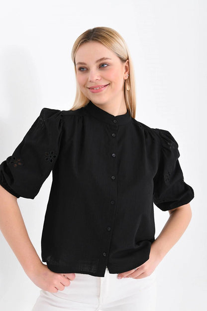 Black Shirt with Balloon Sleeve Detail