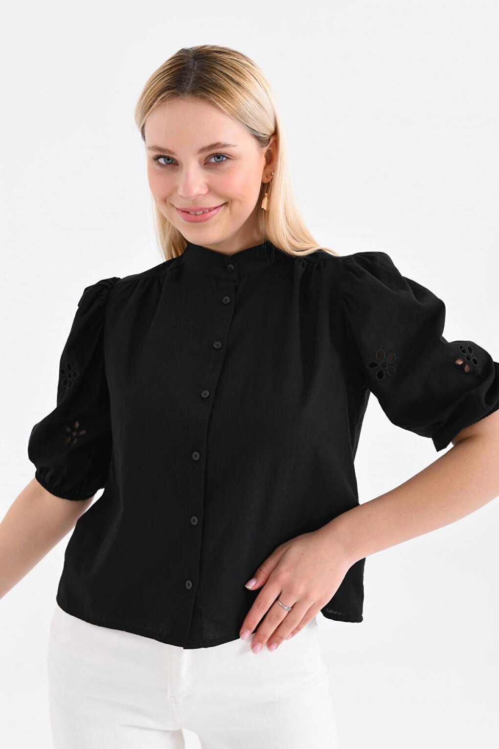 Black Shirt with Balloon Sleeve Detail