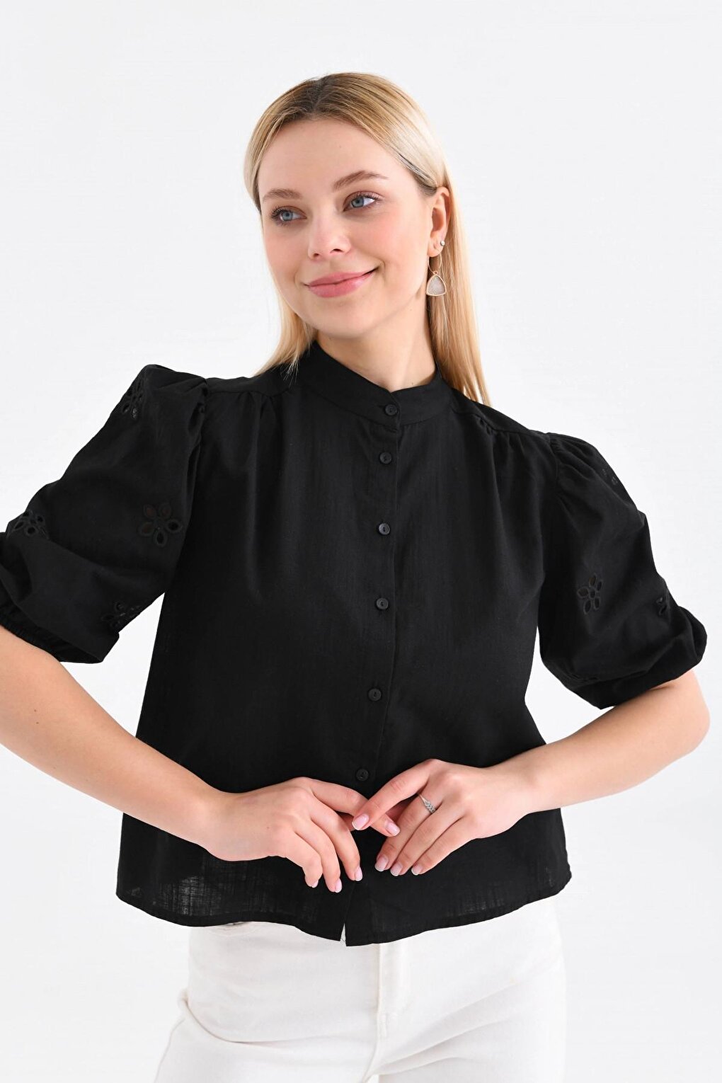 Black Shirt with Balloon Sleeve Detail