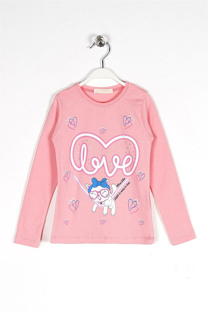 Girl's Salmon Colored Crew Neck Heart Printed Long Sleeve T-Shirt