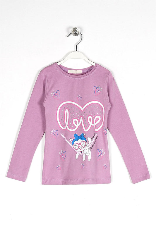 Girl's Lilac Colored Crew Neck Heart Printed Long Sleeve T-Shirt