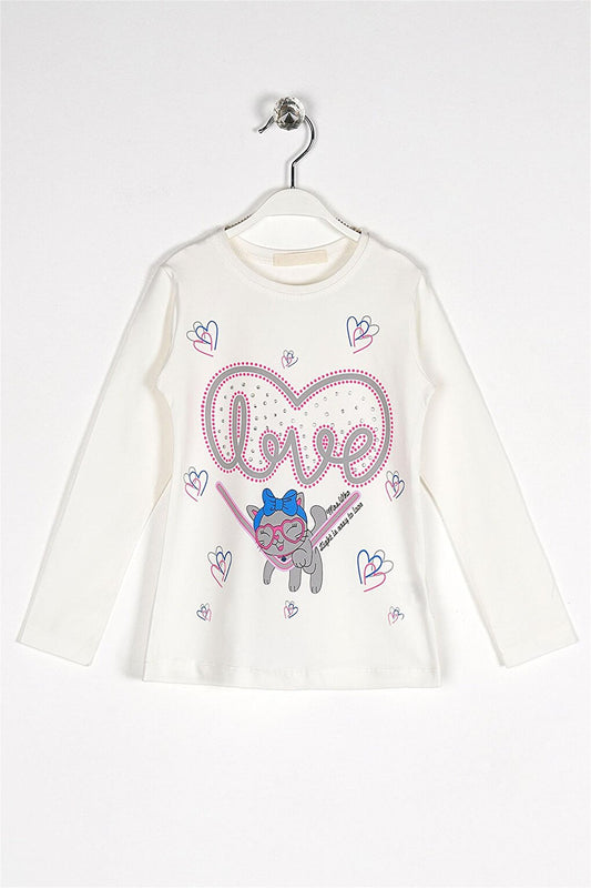 Girl's Ecru Colored Crew Neck Heart Printed Long Sleeve T-Shirt