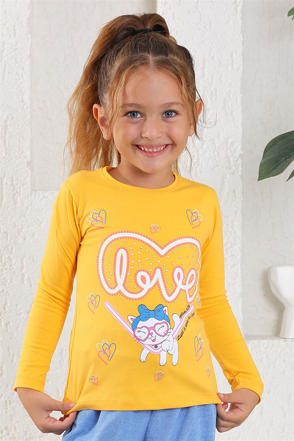 Girl's Mustard Colored Crew Neck Heart Printed Long Sleeve T-Shirt