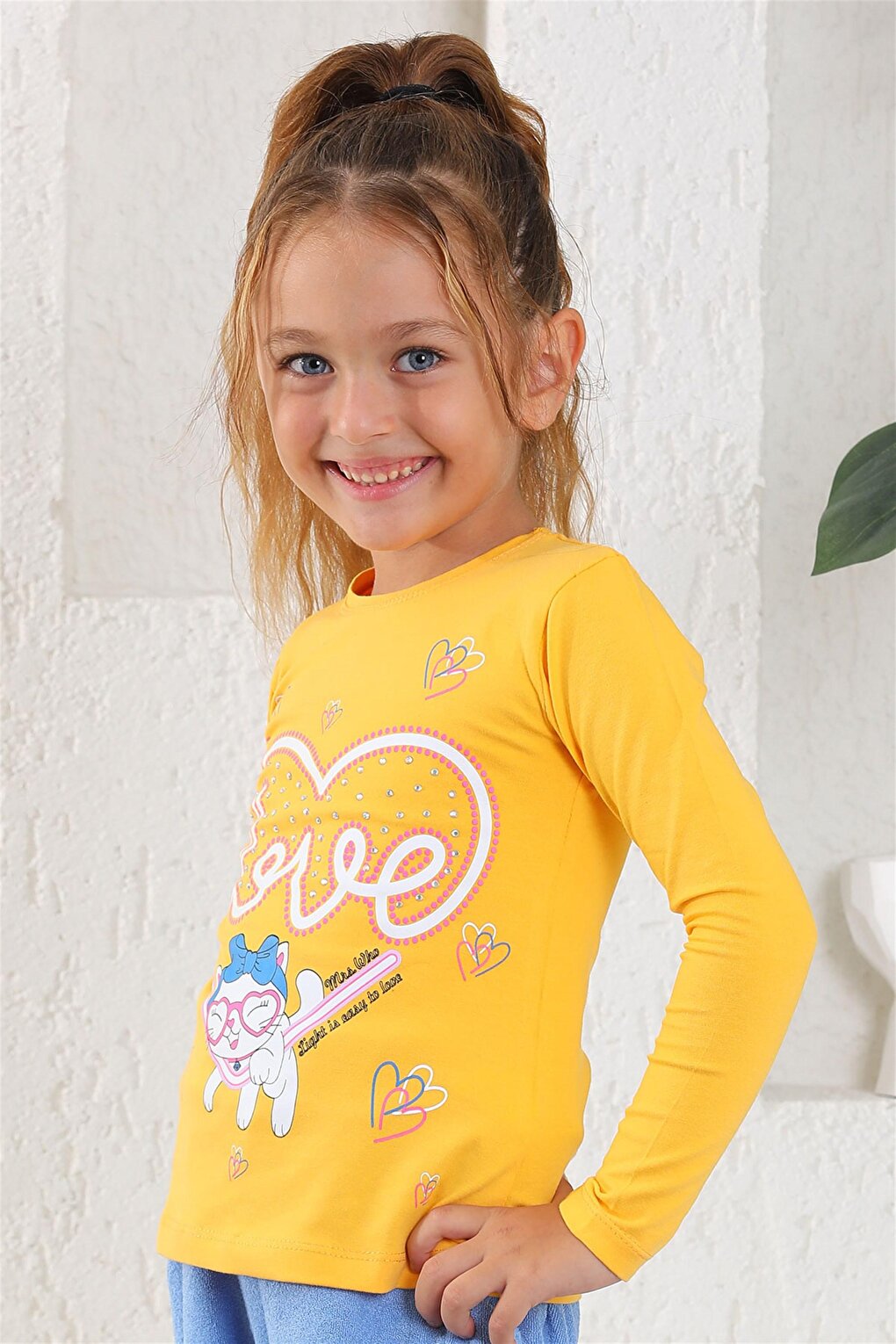 Girl's Mustard Colored Crew Neck Heart Printed Long Sleeve T-Shirt