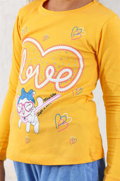 Girl's Mustard Colored Crew Neck Heart Printed Long Sleeve T-Shirt