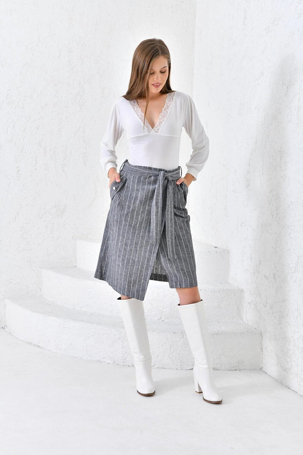 Women's Anthracite Belted Wrap Linen Skirt