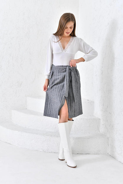 Women's Anthracite Belted Wrap Linen Skirt