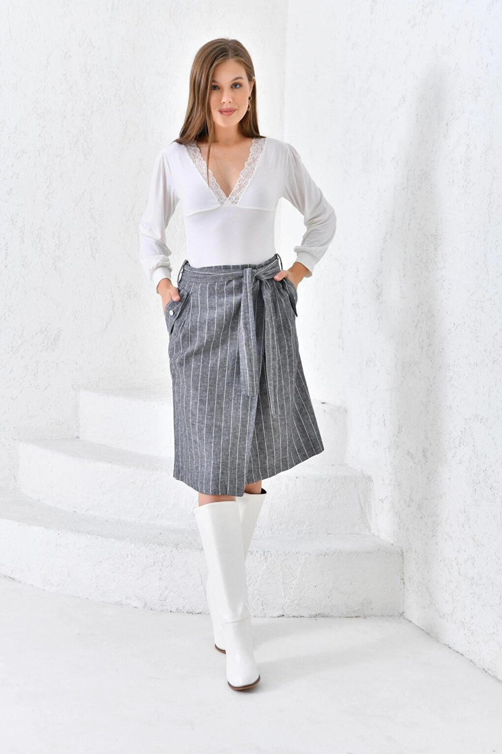 Women's Anthracite Belted Wrap Linen Skirt