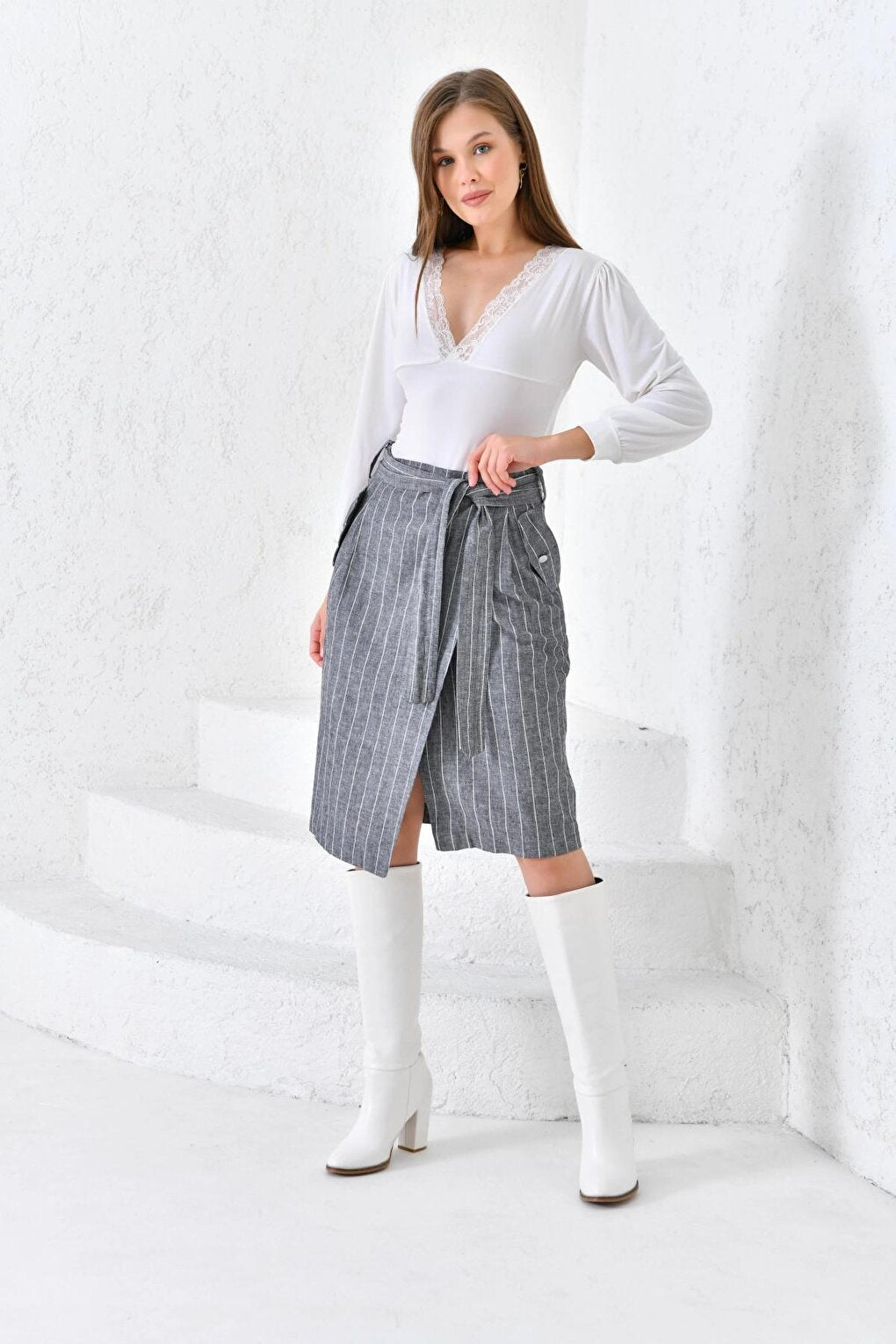 Women's Anthracite Belted Wrap Linen Skirt