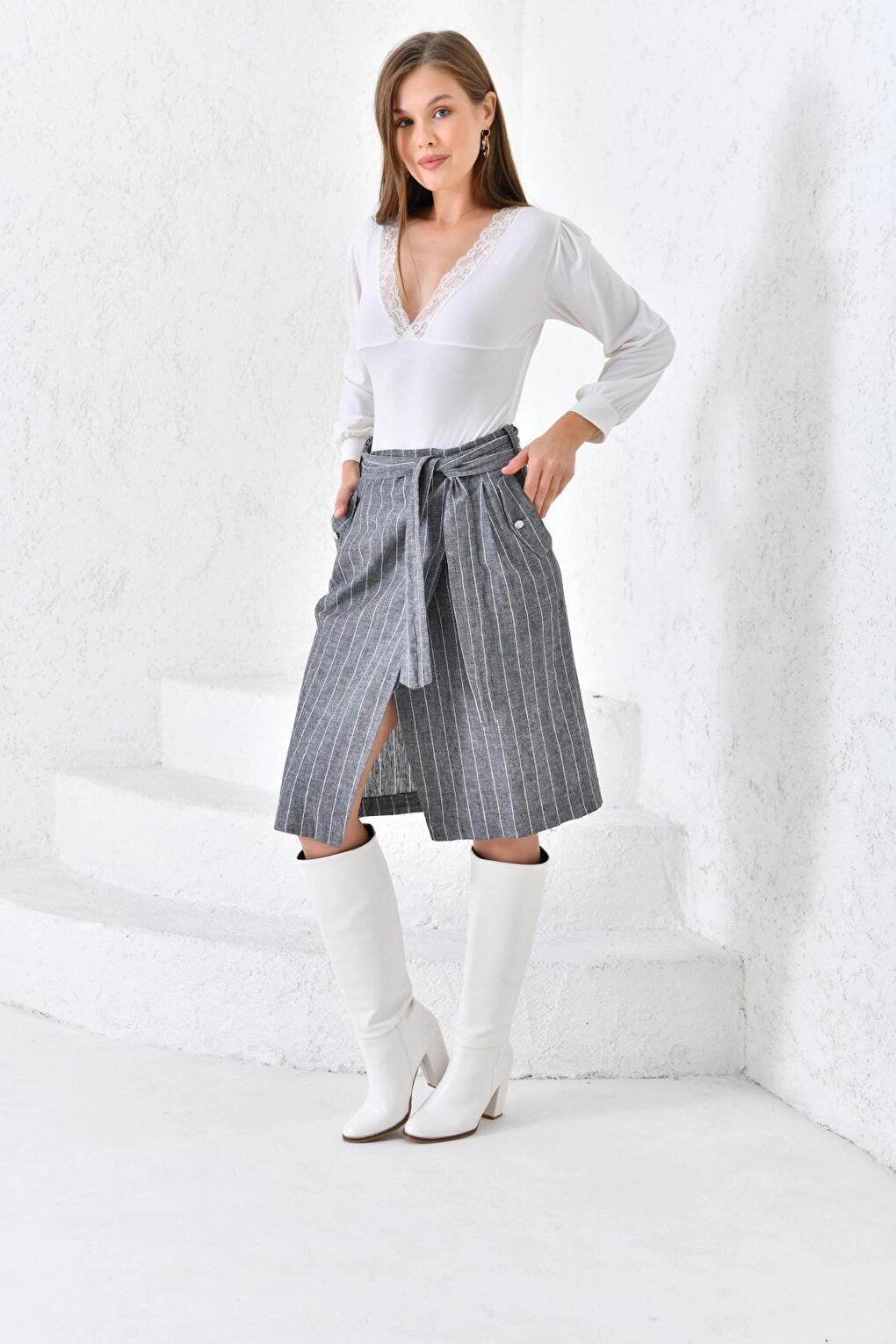 Women's Anthracite Belted Wrap Linen Skirt