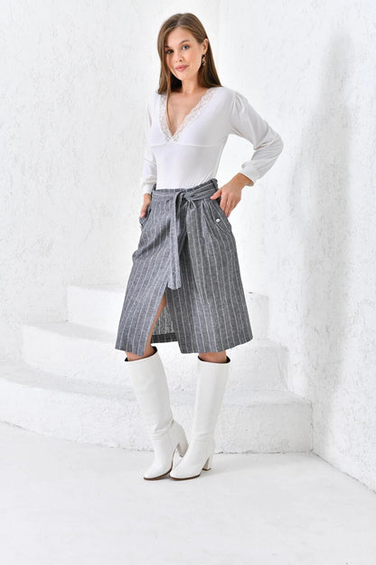 Women's Anthracite Belted Wrap Linen Skirt