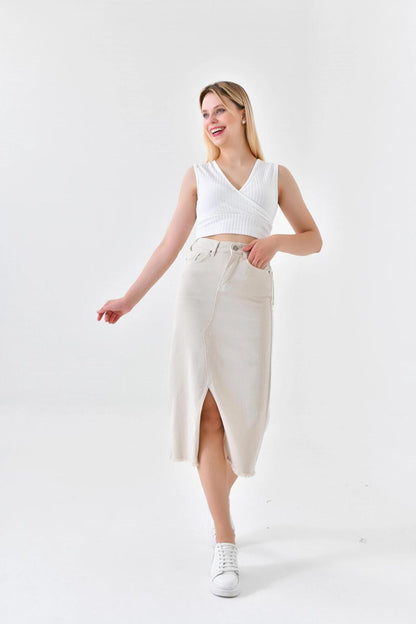 Women's Beige Slit Jean Skirt