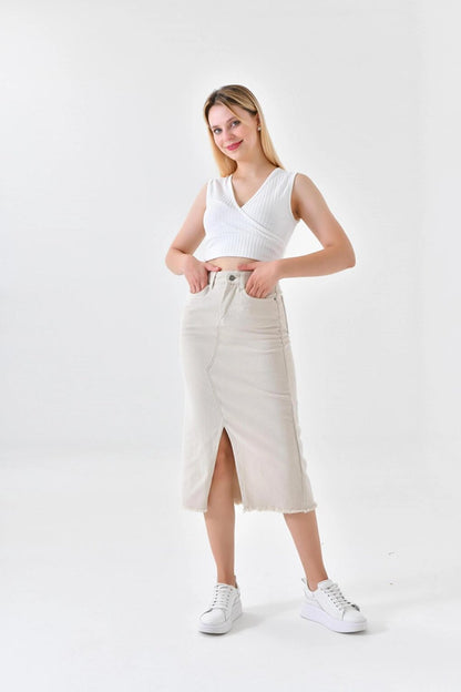 Women's Beige Slit Jean Skirt