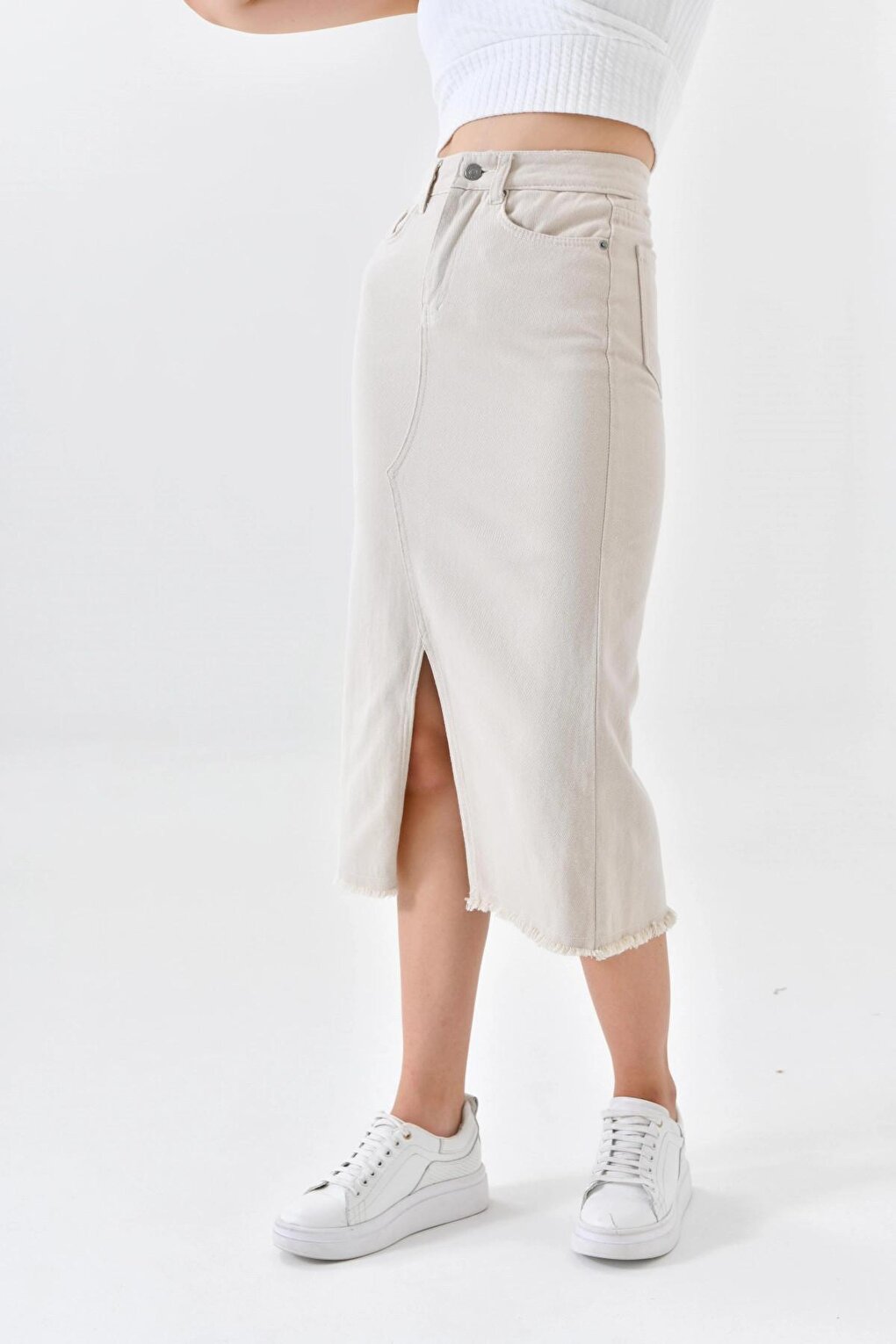 Women's Beige Slit Jean Skirt