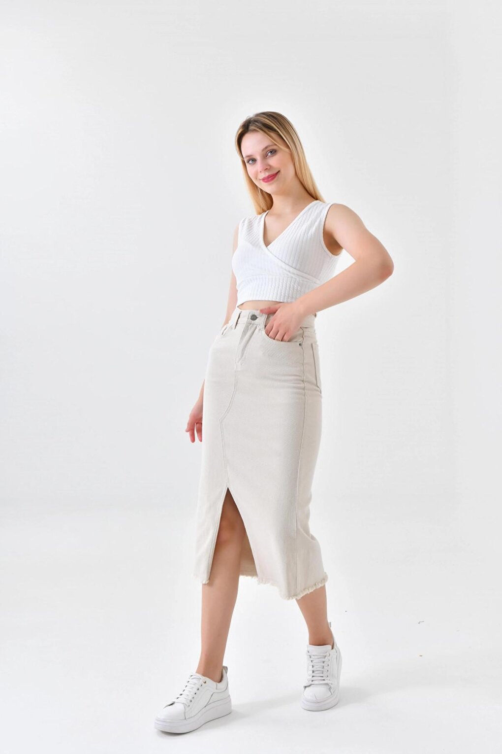 Women's Beige Slit Jean Skirt