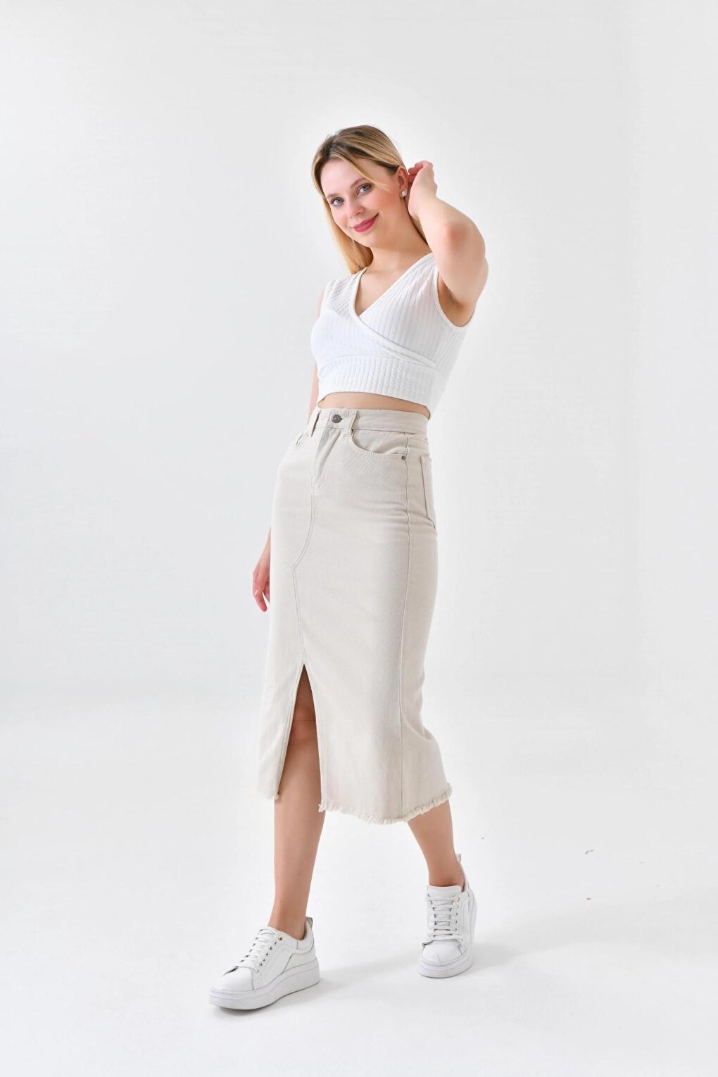 Women's Beige Slit Jean Skirt