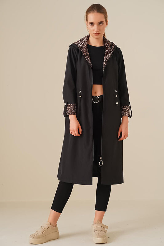 9091 Gathered Waist Hooded Trench Coat - Black