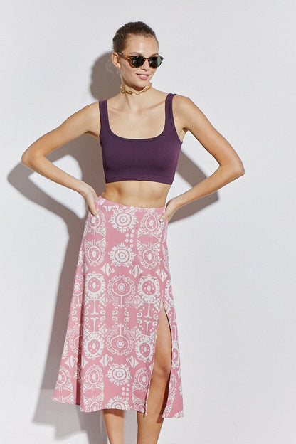 Printed Knitted Skirt with Elastic Waist Slit Detail