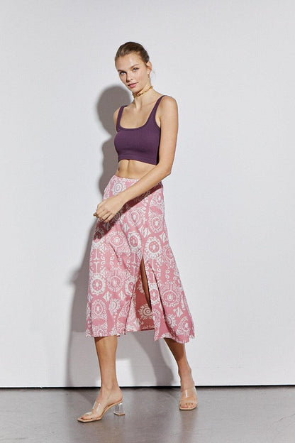 Printed Knitted Skirt with Elastic Waist Slit Detail