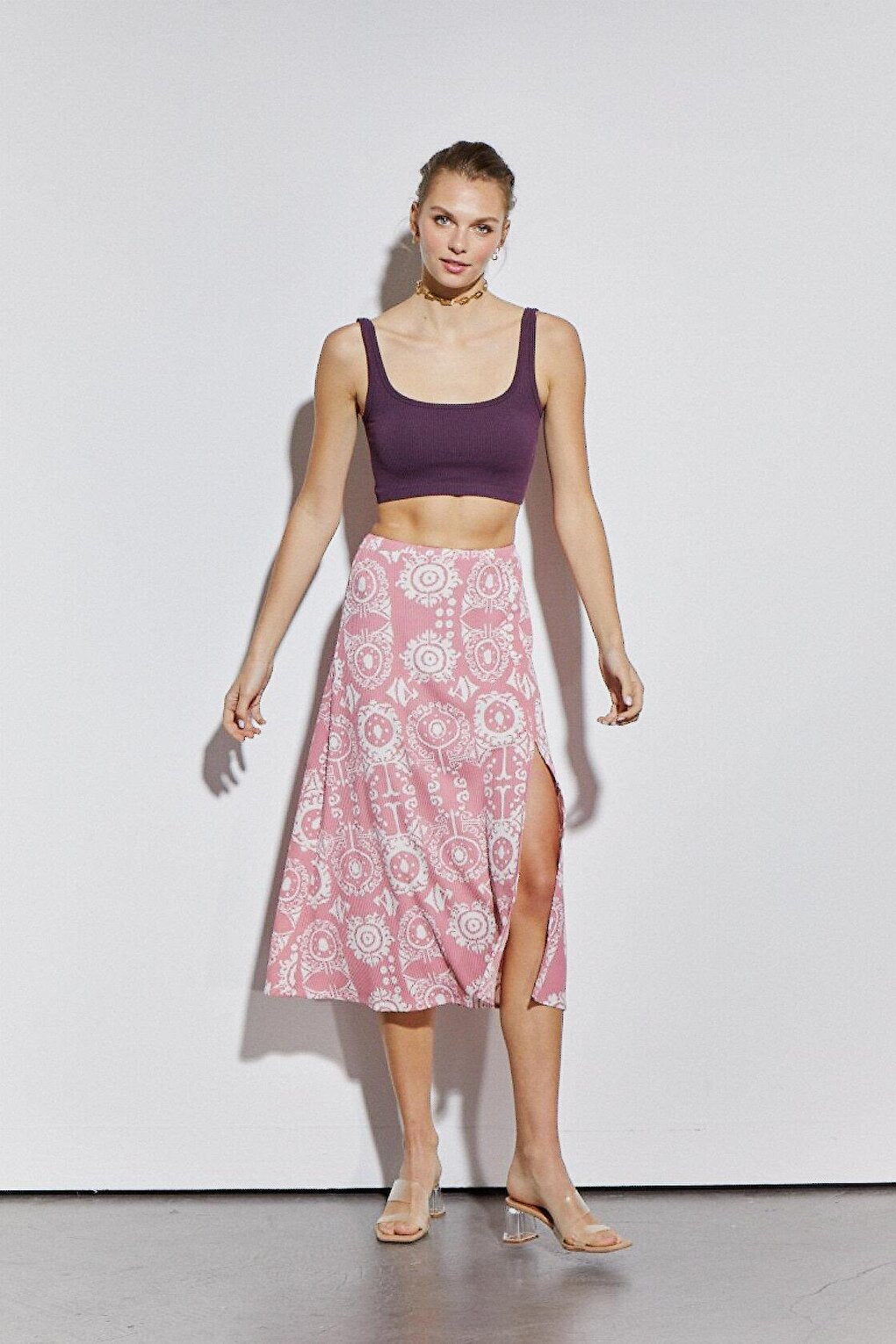 Printed Knitted Skirt with Elastic Waist Slit Detail