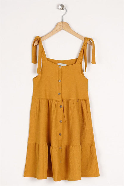 Girl's Mustard Colored Strap Front Button Detailed Dress