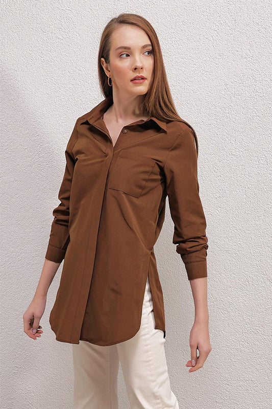 3879 Oversize Shirt with Pockets - Brown