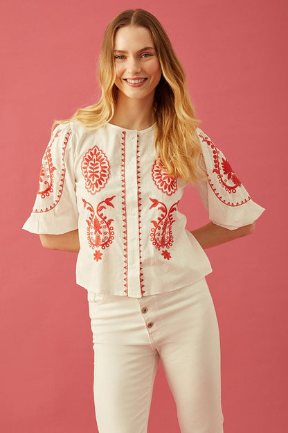 Crew Neck Ethnic Embroidered Shirt