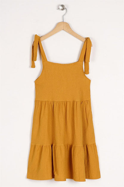 Girl's Mustard Colored Strap Front Button Detailed Dress