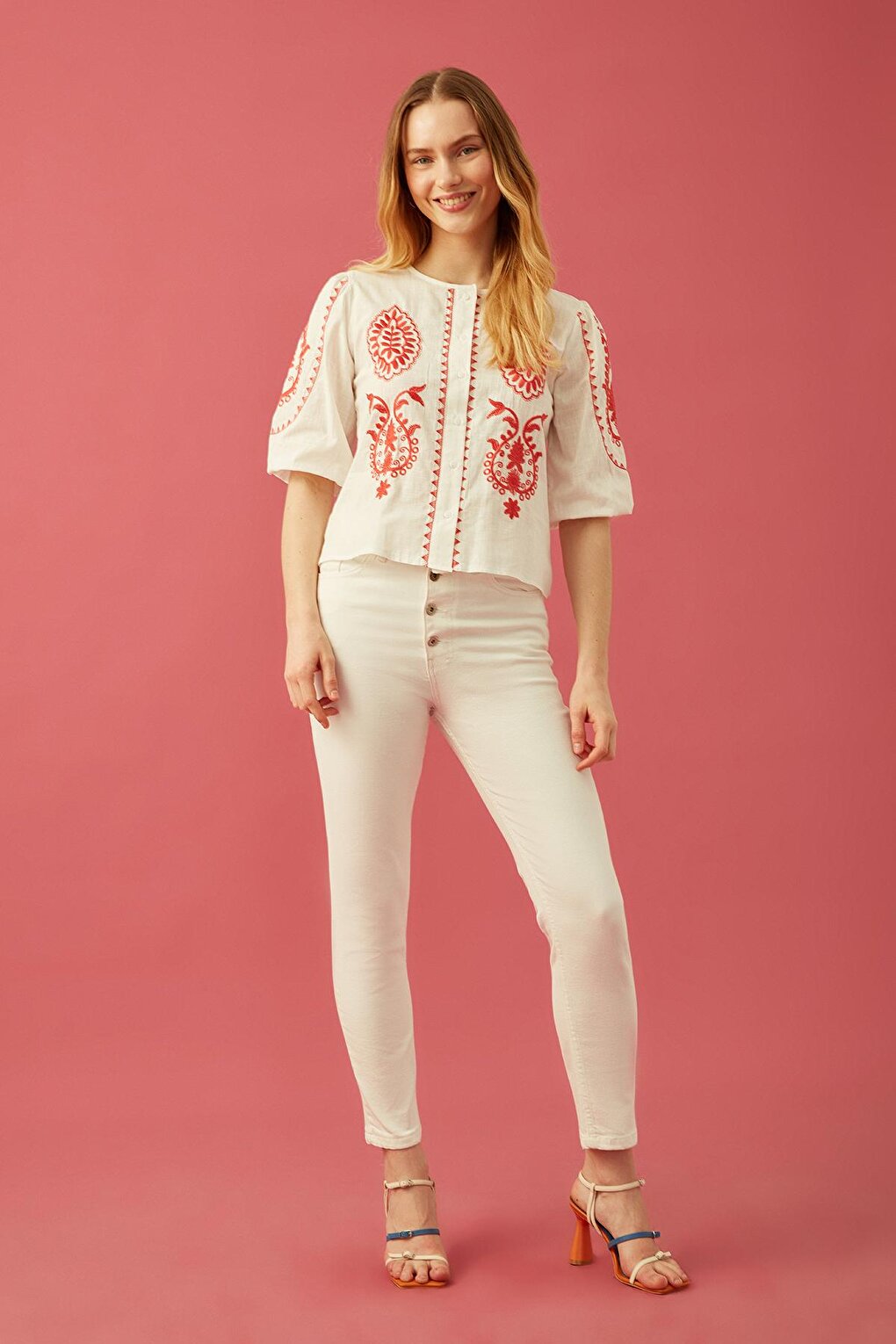 Crew Neck Ethnic Embroidered Shirt