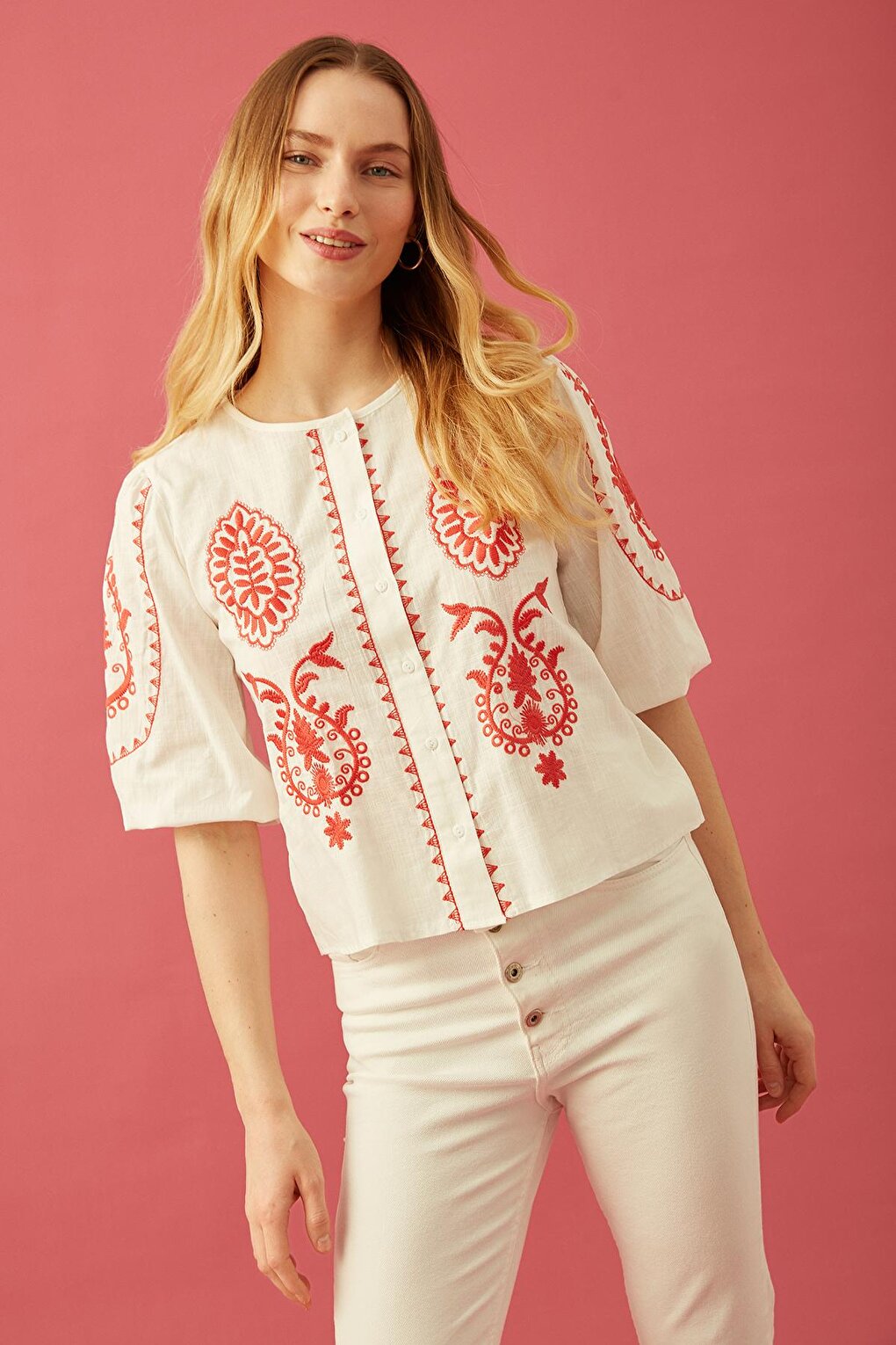 Crew Neck Ethnic Embroidered Shirt