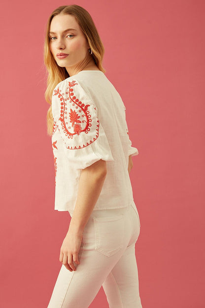 Crew Neck Ethnic Embroidered Shirt