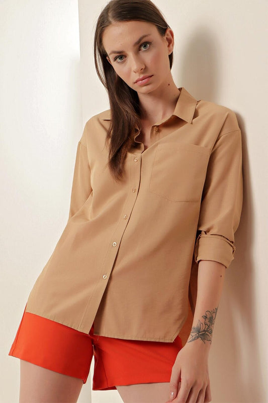 3952 Buttoned Back Boyfriend Shirt - Biscuit