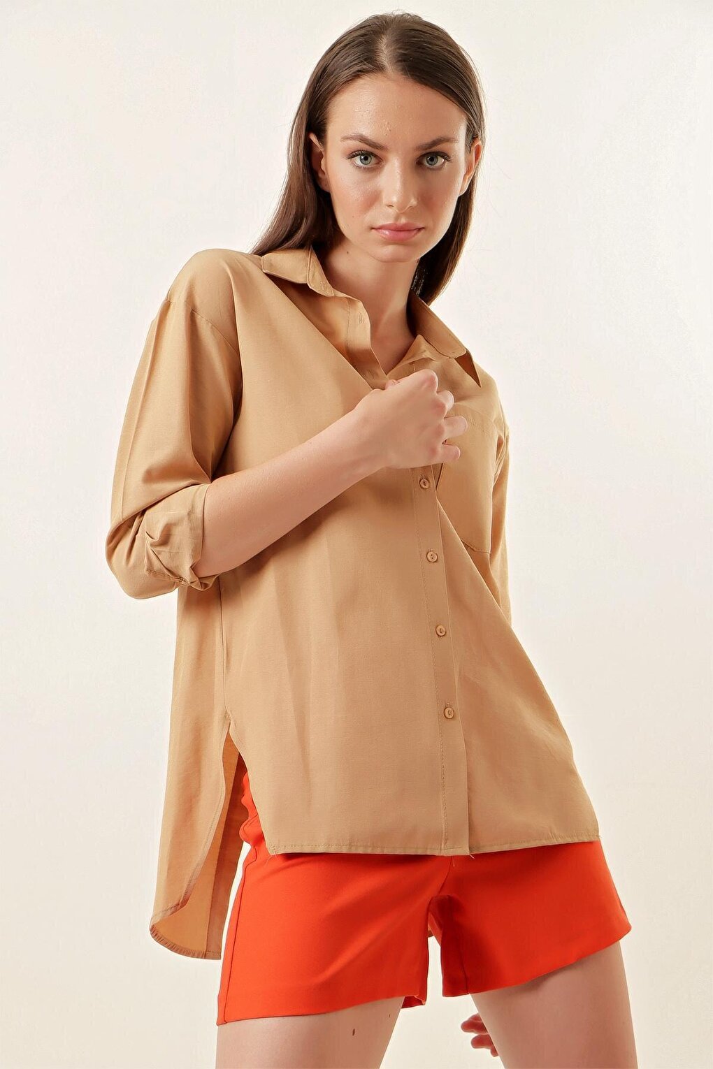 3952 Buttoned Back Boyfriend Shirt - Biscuit