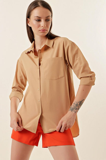 3952 Buttoned Back Boyfriend Shirt - Biscuit