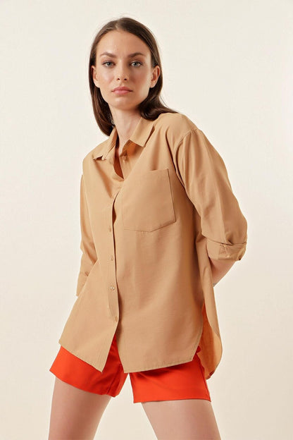 3952 Buttoned Back Boyfriend Shirt - Biscuit