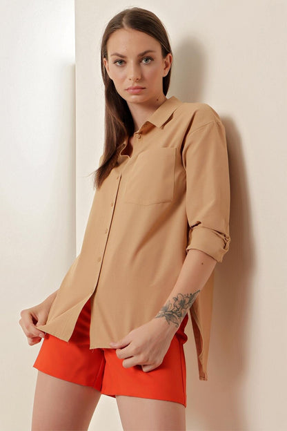 3952 Buttoned Back Boyfriend Shirt - Biscuit