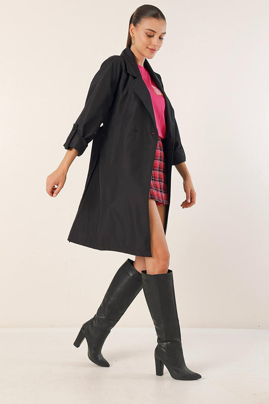 9104 Double Breasted Collar Lined Trench Coat - Black