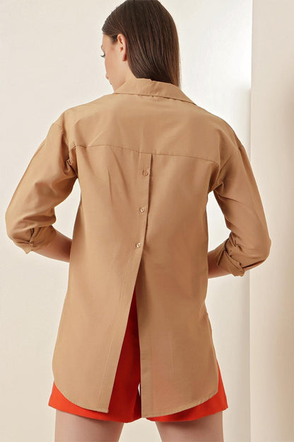 3952 Buttoned Back Boyfriend Shirt - Biscuit