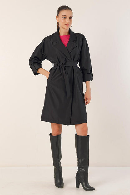 9104 Double Breasted Collar Lined Trench Coat - Black