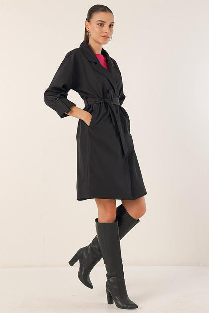 9104 Double Breasted Collar Lined Trench Coat - Black