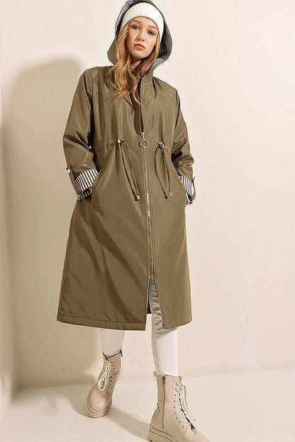 9091 Gathered Waist Hooded Trench Coat - Khaki