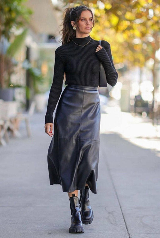 Midi Length Leather Skirt