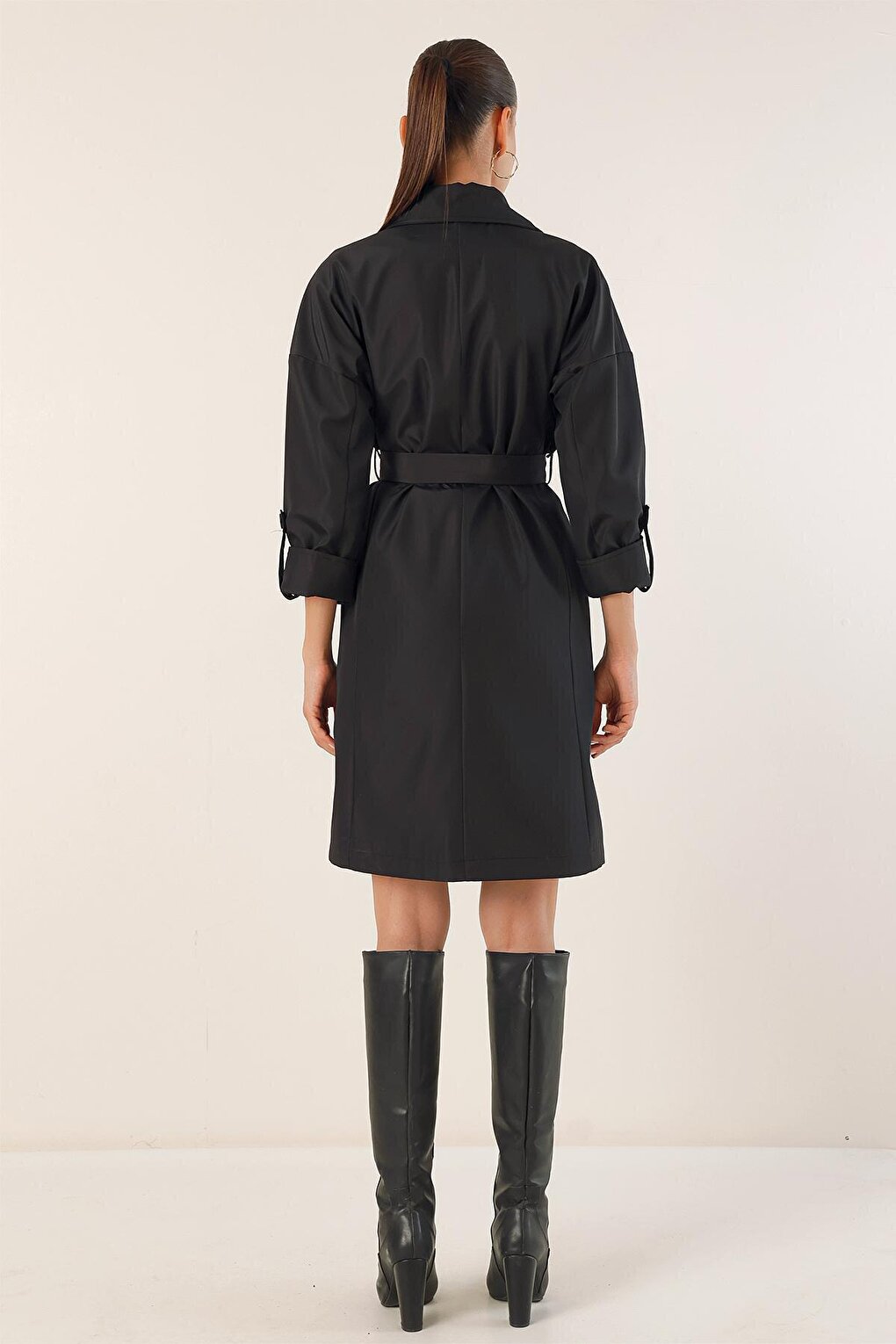 9104 Double Breasted Collar Lined Trench Coat - Black