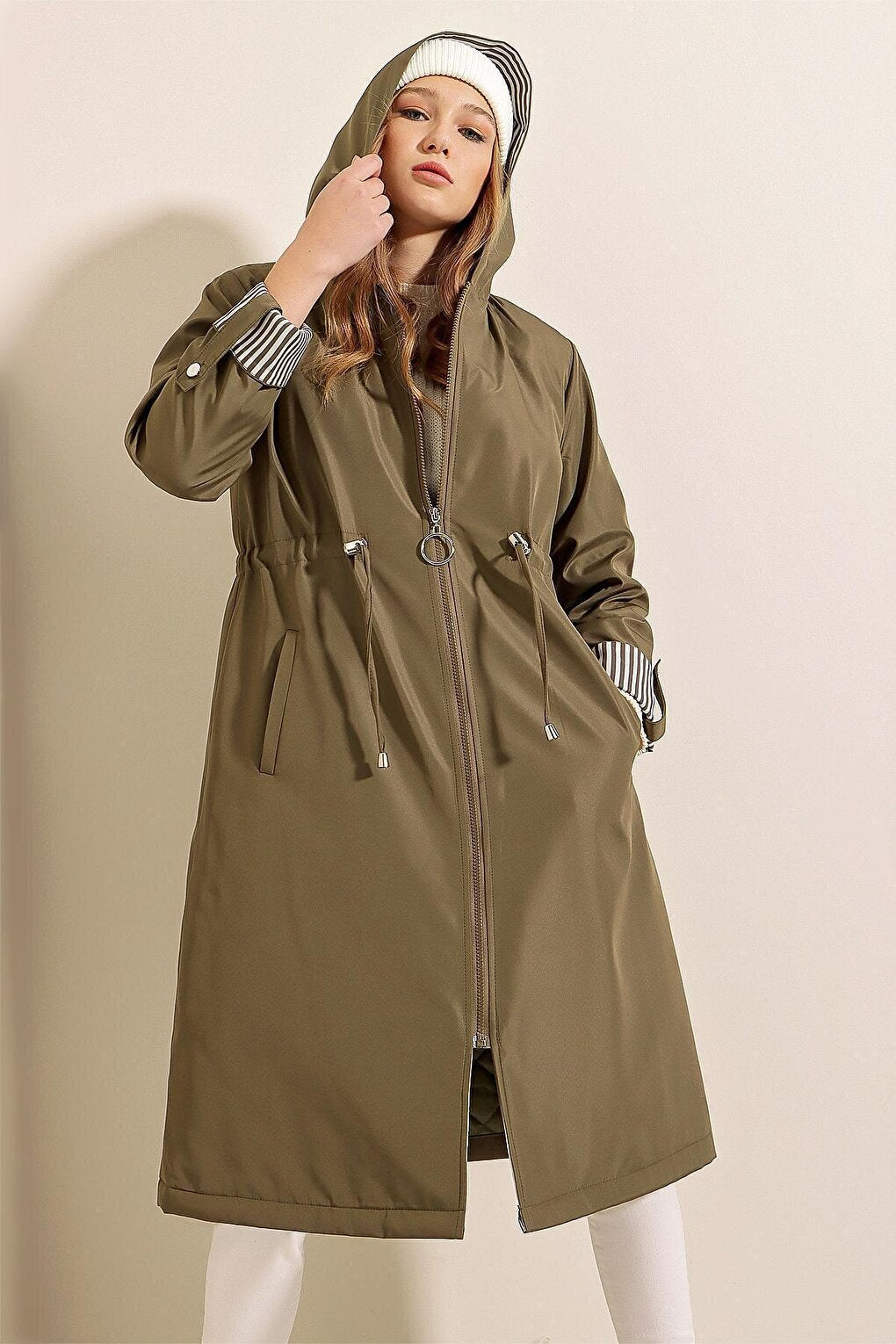 9091 Gathered Waist Hooded Trench Coat - Khaki