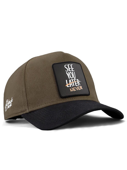 V1 Baseball See You Later Never - Unisex Khaki-Black Peaked Hat (Cap) with 2 Code Logo