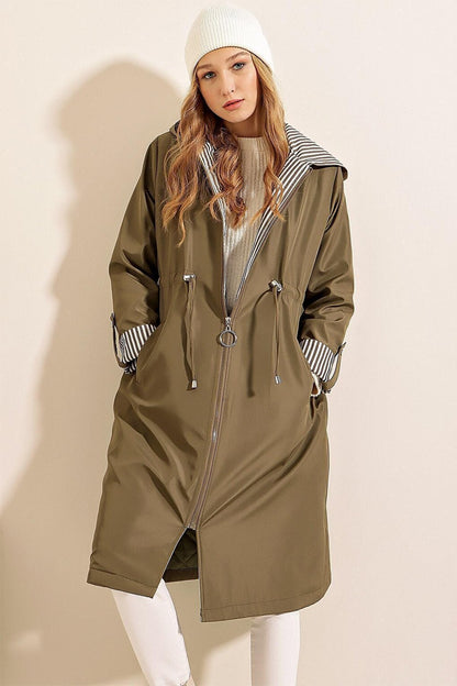 9091 Gathered Waist Hooded Trench Coat - Khaki