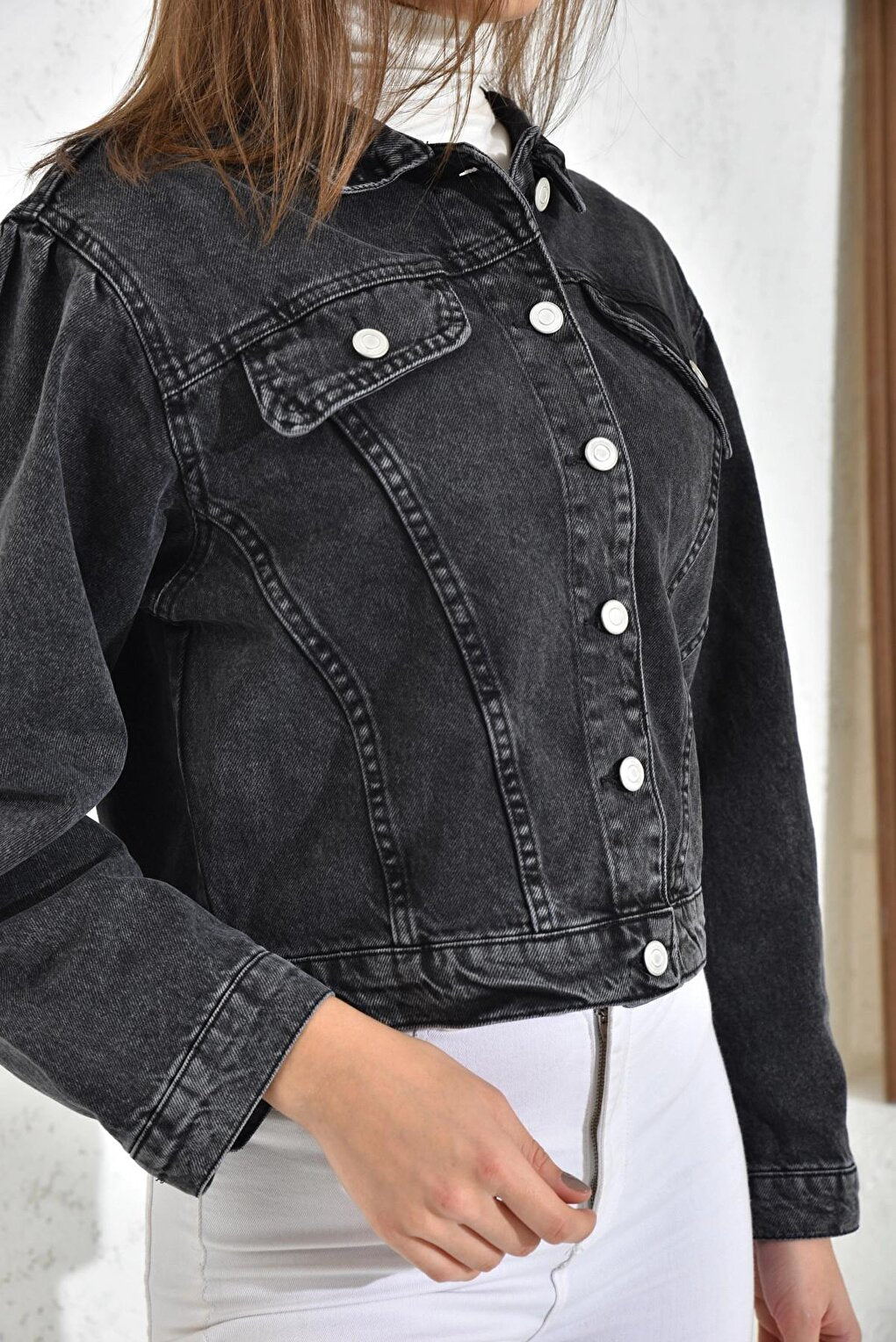 Women's Anthracite Pocket Detailed Denim Jacket