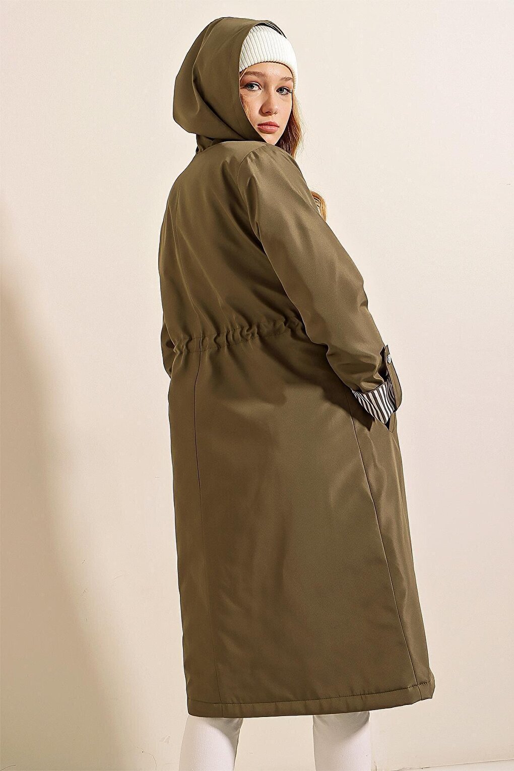 9091 Gathered Waist Hooded Trench Coat - Khaki