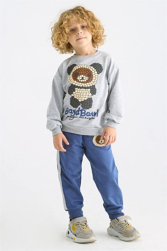 Boy's Gray Colored Teddy Bear Printed Long Sleeve Double Suit